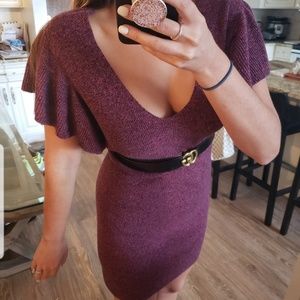 Wine short ruffle sleeve sweater dress